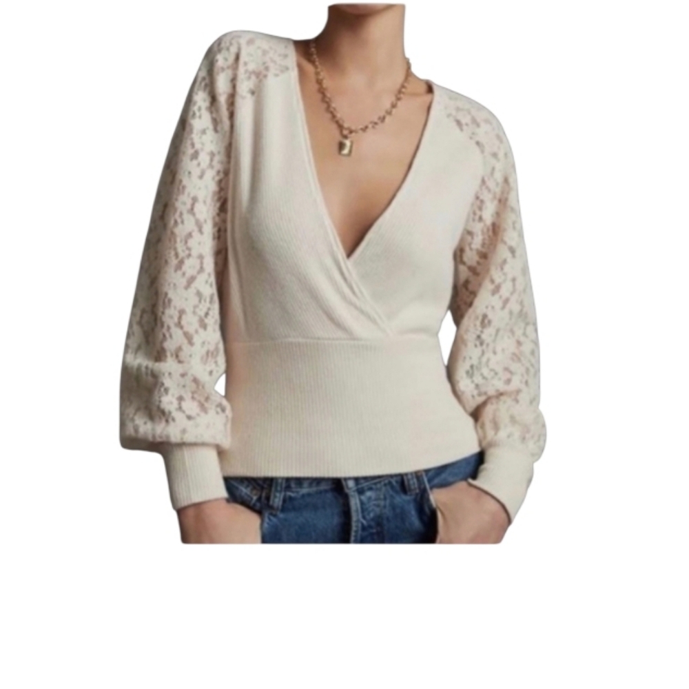 Anthropologie Ivory Lace Baloon Sleeve Faux Wrap Top,V Neck, M, NWT